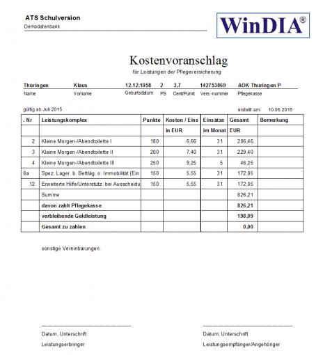 Musterausdruck Kostenvoranschlag